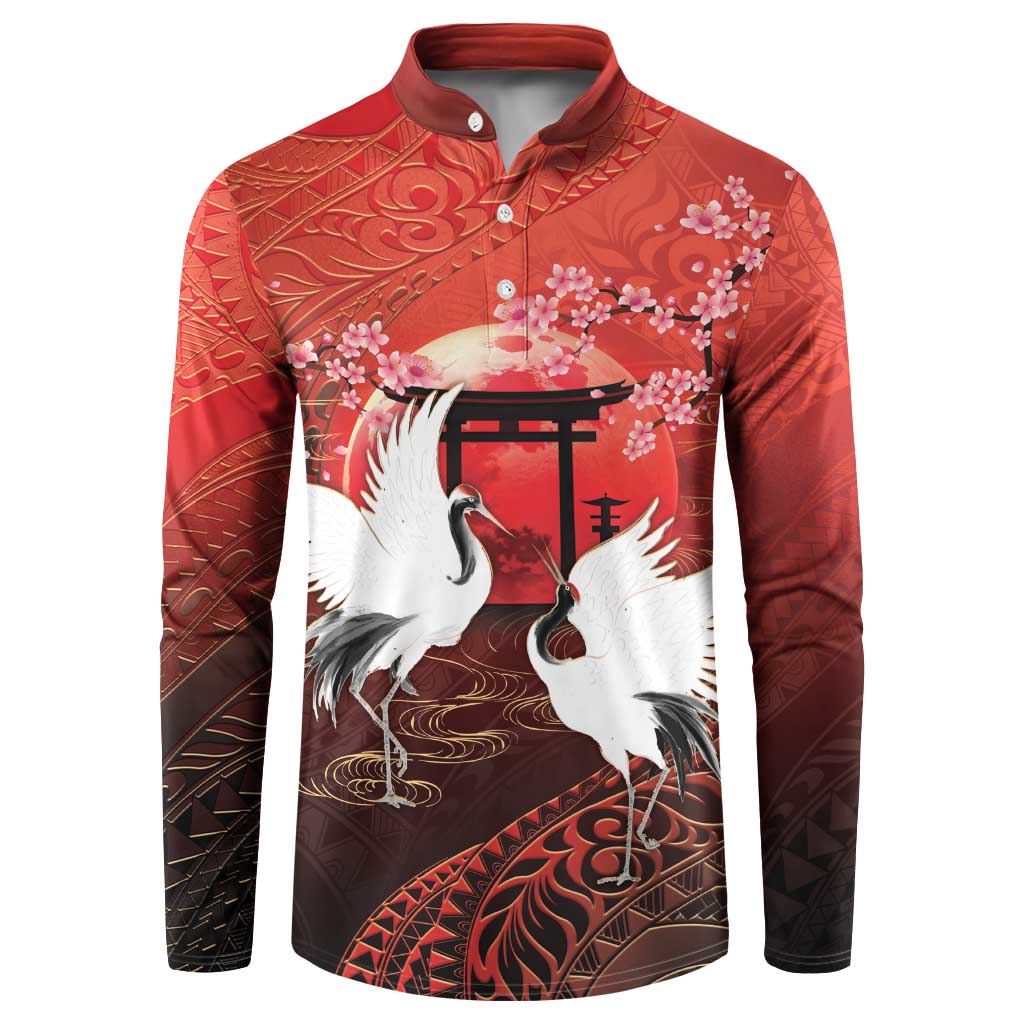 Hawaii and Japan Together Button Sweatshirt Polynesian Art Tattoo With Cranes And Sakura - Polynesian Pride