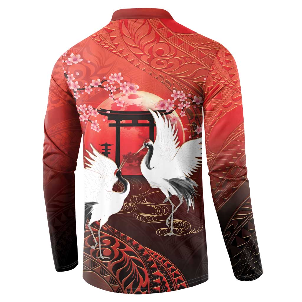 Hawaii and Japan Together Button Sweatshirt Polynesian Art Tattoo With Cranes And Sakura - Polynesian Pride