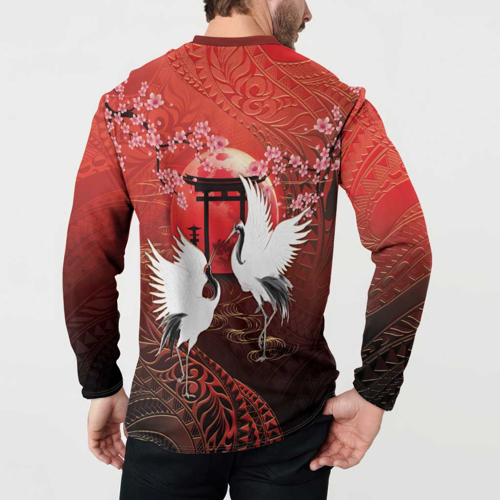 Hawaii and Japan Together Button Sweatshirt Polynesian Art Tattoo With Cranes And Sakura - Polynesian Pride