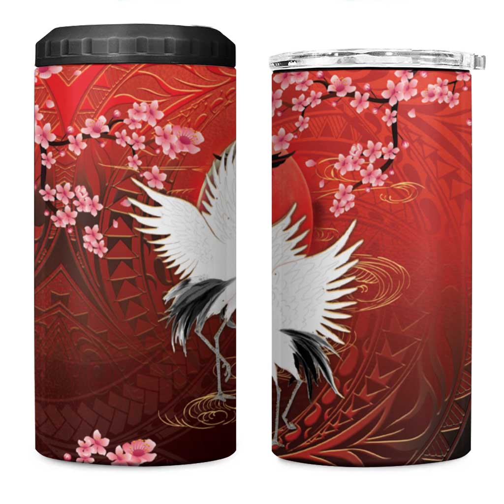 Hawaii and Japan Together 4 in 1 Can Cooler Tumbler Polynesian Art Tattoo With Cranes And Sakura - Polynesian Pride