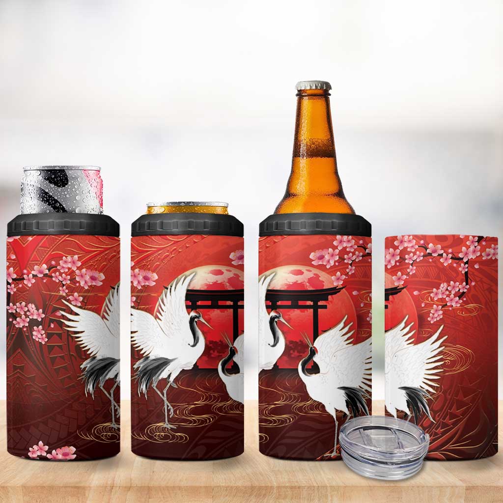 Hawaii and Japan Together 4 in 1 Can Cooler Tumbler Polynesian Art Tattoo With Cranes And Sakura - Polynesian Pride