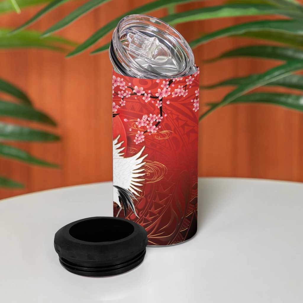 Hawaii and Japan Together 4 in 1 Can Cooler Tumbler Polynesian Art Tattoo With Cranes And Sakura - Polynesian Pride