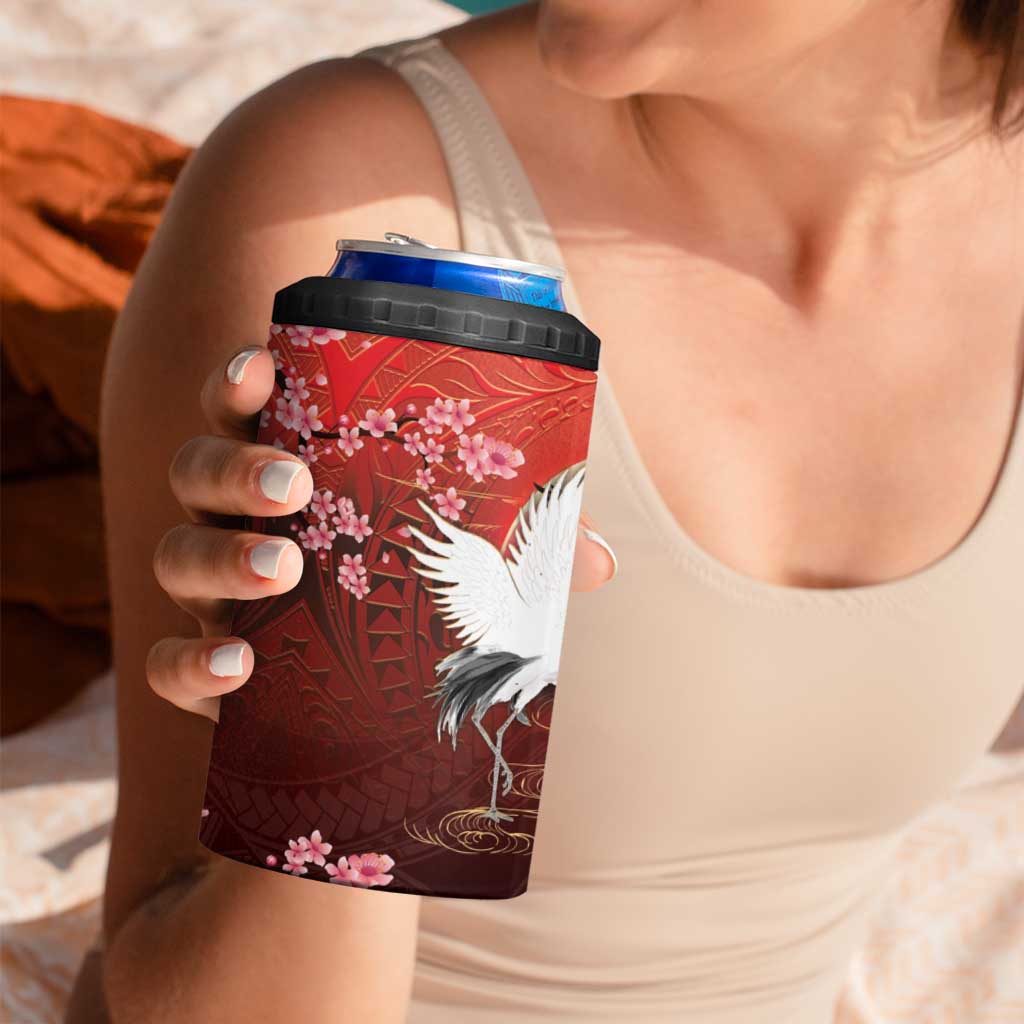 Hawaii and Japan Together 4 in 1 Can Cooler Tumbler Polynesian Art Tattoo With Cranes And Sakura - Polynesian Pride