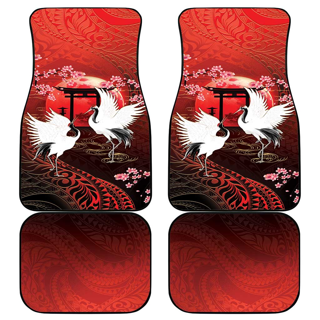 Hawaii and Japan Together Car Mats Polynesian Art Tattoo With Cranes And Sakura - Polynesian Pride
