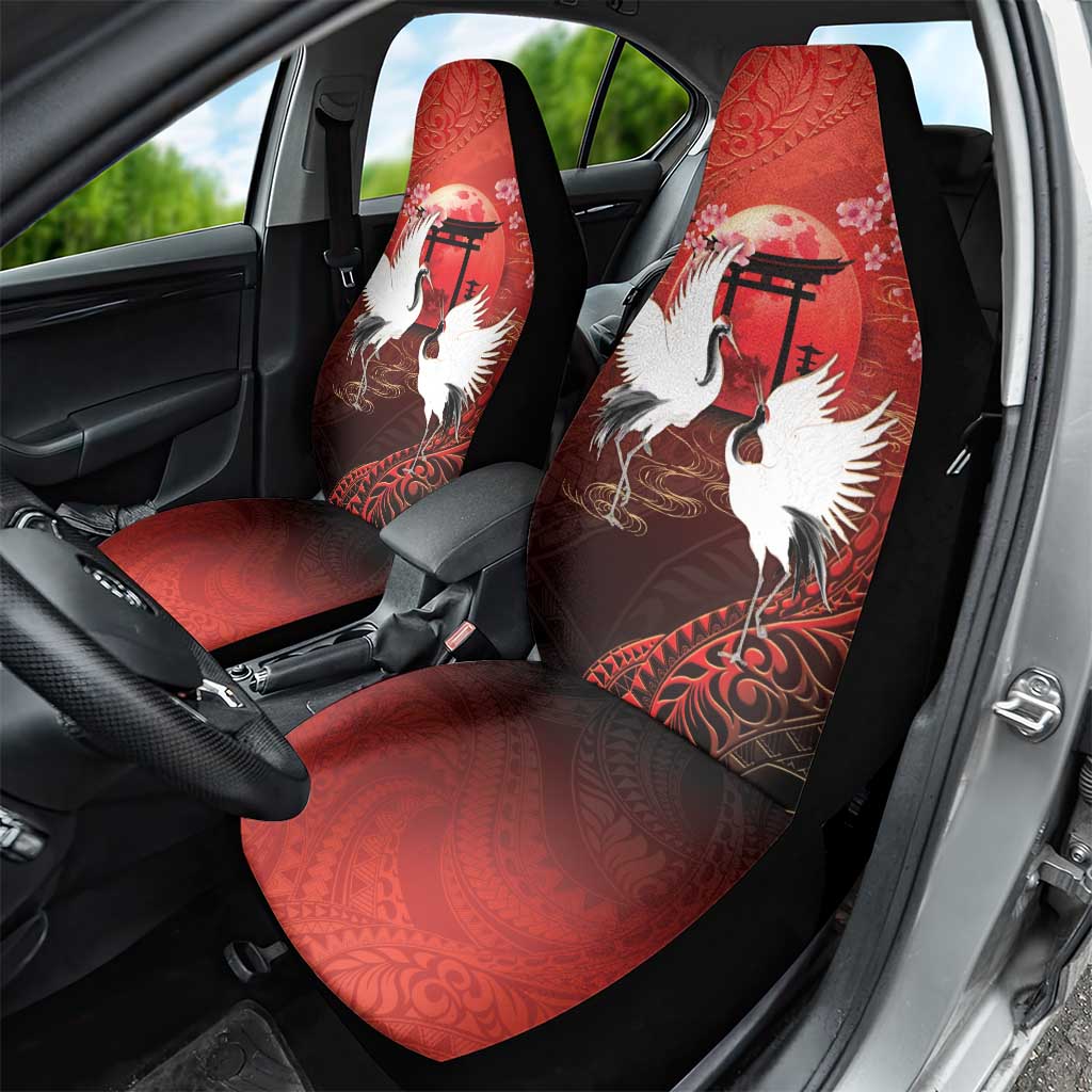 Hawaii and Japan Together Car Seat Cover Polynesian Art Tattoo With Cranes And Sakura - Polynesian Pride