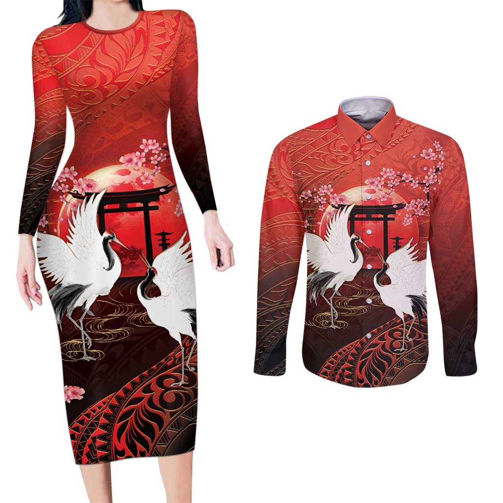 Hawaii and Japan Together Couples Matching Long Sleeve Bodycon Dress and Long Sleeve Button Shirt Polynesian Art Tattoo With Cranes And Sakura - Polynesian Pride