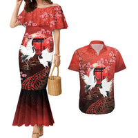 Hawaii and Japan Together Couples Matching Mermaid Dress and Hawaiian Shirt Polynesian Art Tattoo With Cranes And Sakura - Polynesian Pride