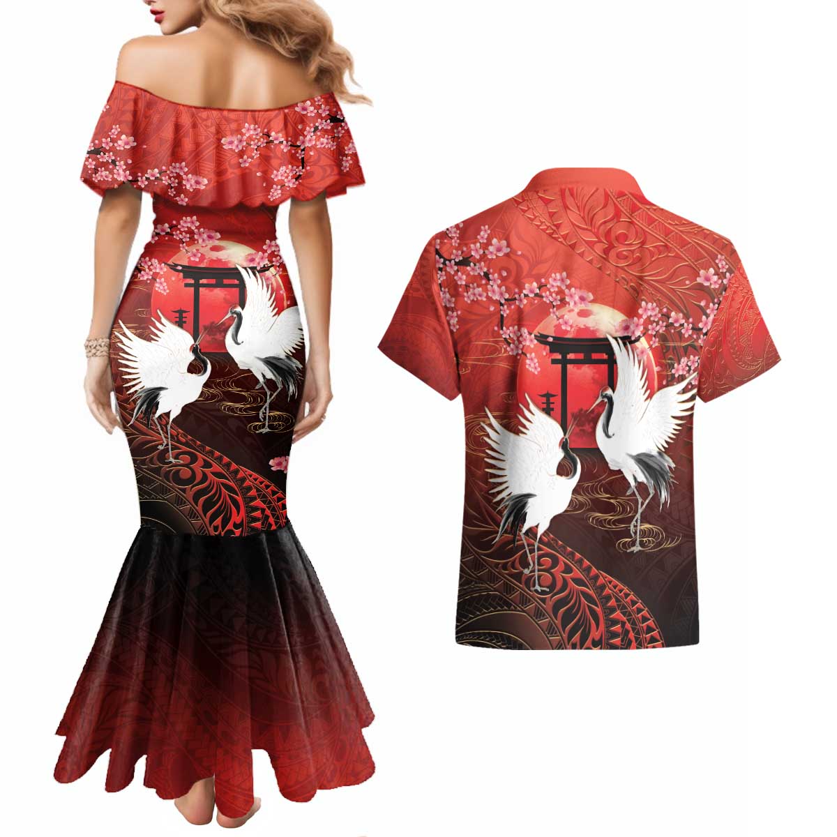 Hawaii and Japan Together Couples Matching Mermaid Dress and Hawaiian Shirt Polynesian Art Tattoo With Cranes And Sakura - Polynesian Pride
