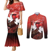 Hawaii and Japan Together Couples Matching Mermaid Dress and Long Sleeve Button Shirt Polynesian Art Tattoo With Cranes And Sakura - Polynesian Pride