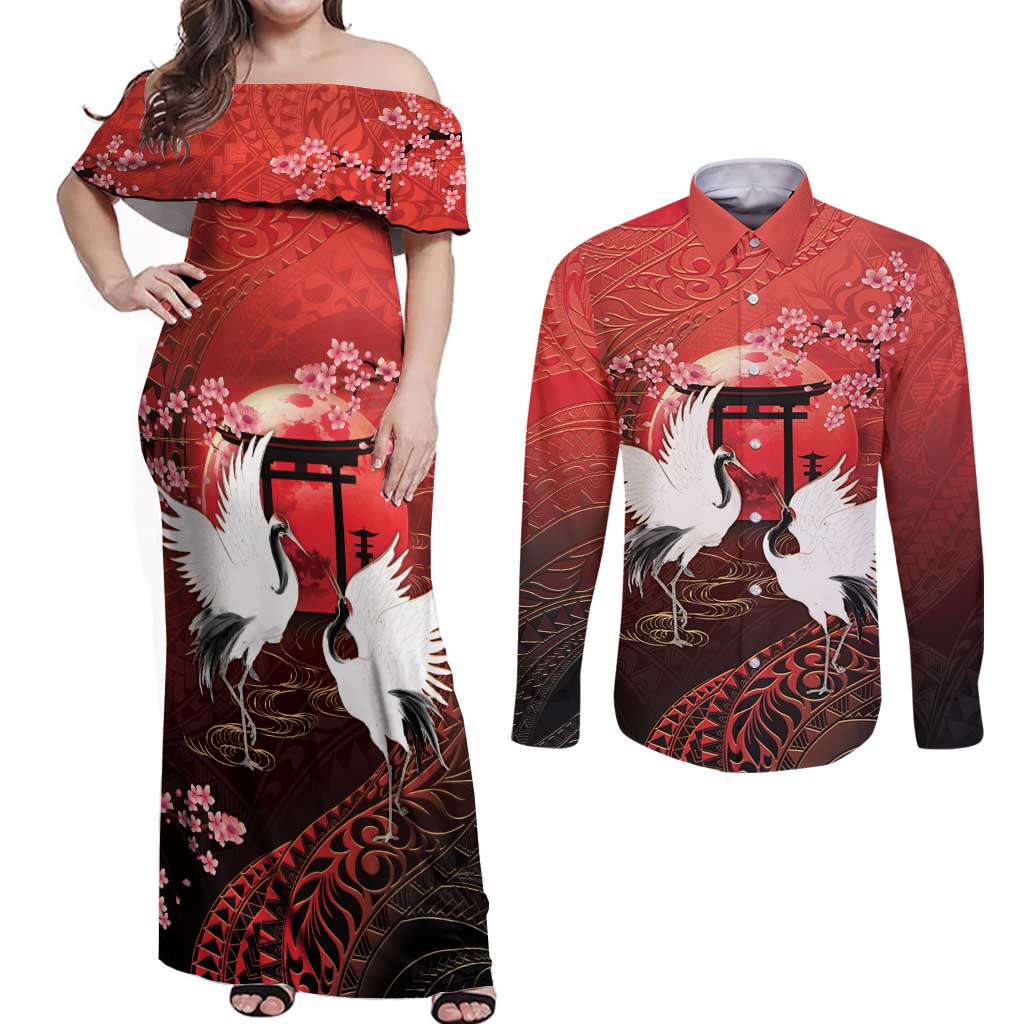 Hawaii and Japan Together Couples Matching Off Shoulder Maxi Dress and Long Sleeve Button Shirt Polynesian Art Tattoo With Cranes And Sakura - Polynesian Pride
