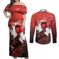Hawaii and Japan Together Couples Matching Off Shoulder Maxi Dress and Long Sleeve Button Shirt Polynesian Art Tattoo With Cranes And Sakura - Polynesian Pride