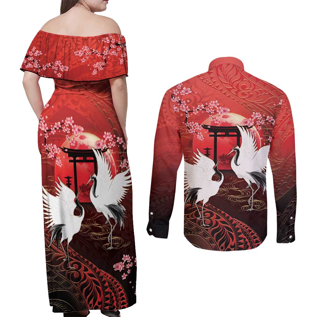 Hawaii and Japan Together Couples Matching Off Shoulder Maxi Dress and Long Sleeve Button Shirt Polynesian Art Tattoo With Cranes And Sakura - Polynesian Pride