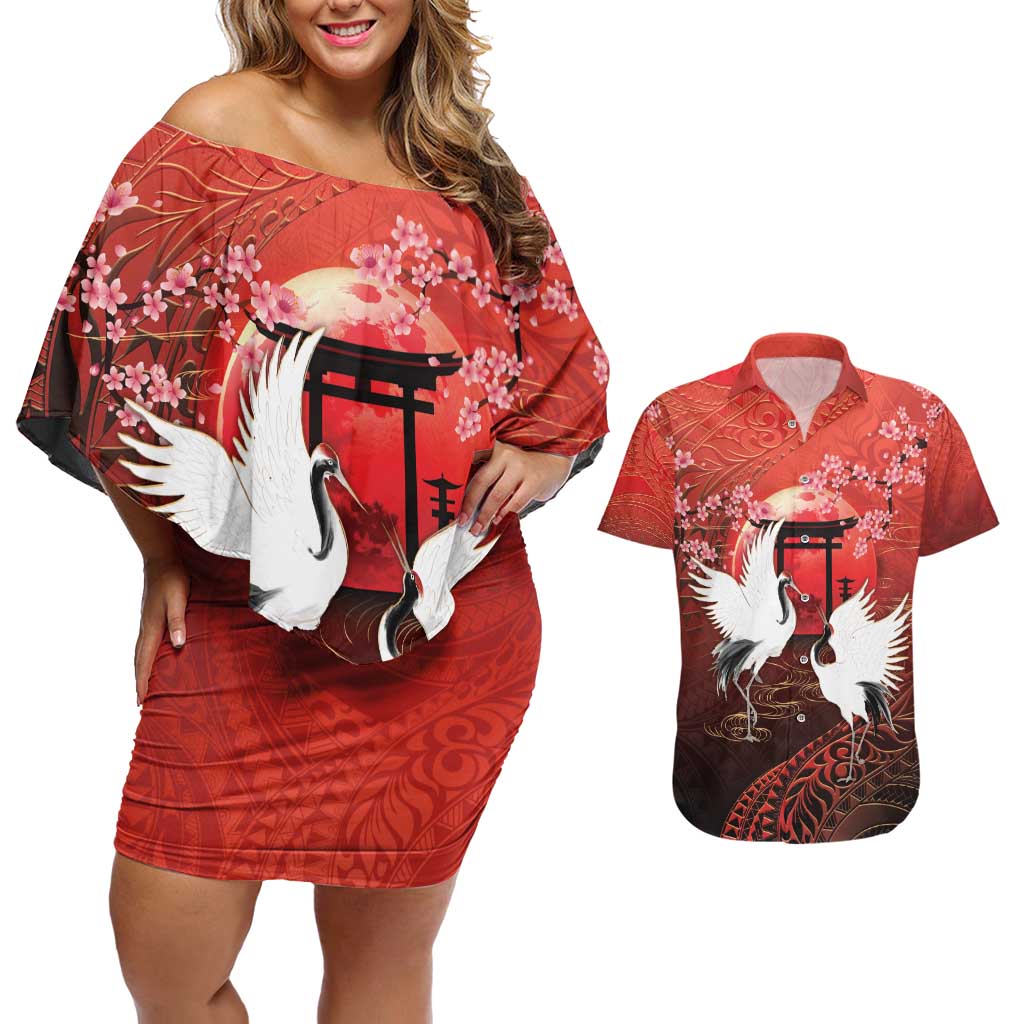 Hawaii and Japan Together Couples Matching Off Shoulder Short Dress and Hawaiian Shirt Polynesian Art Tattoo With Cranes And Sakura - Polynesian Pride