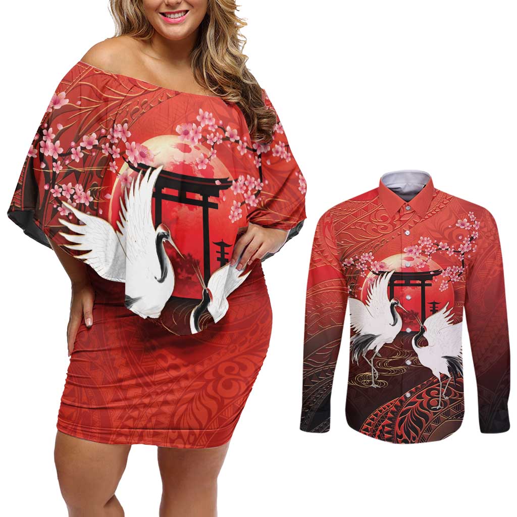 Hawaii and Japan Together Couples Matching Off Shoulder Short Dress and Long Sleeve Button Shirt Polynesian Art Tattoo With Cranes And Sakura - Polynesian Pride