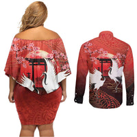 Hawaii and Japan Together Couples Matching Off Shoulder Short Dress and Long Sleeve Button Shirt Polynesian Art Tattoo With Cranes And Sakura - Polynesian Pride