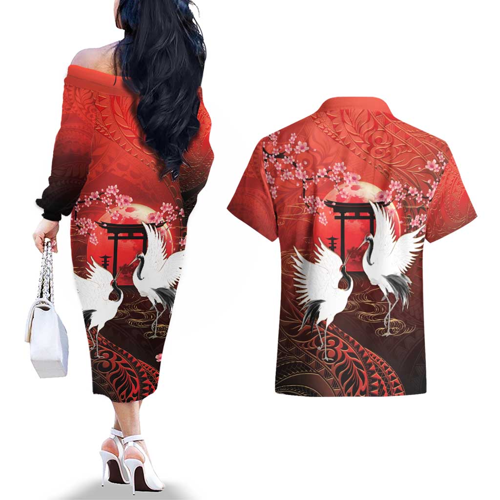 Hawaii and Japan Together Couples Matching Off The Shoulder Long Sleeve Dress and Hawaiian Shirt Polynesian Art Tattoo With Cranes And Sakura - Polynesian Pride