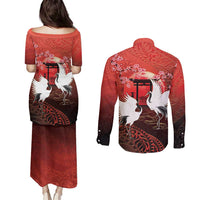 Hawaii and Japan Together Couples Matching Puletasi and Long Sleeve Button Shirt Polynesian Art Tattoo With Cranes And Sakura - Polynesian Pride