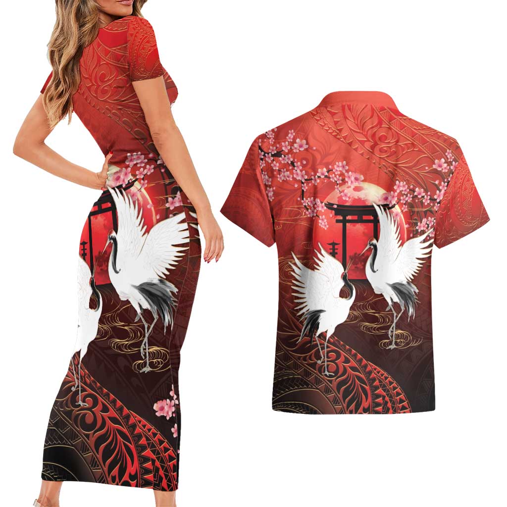 Hawaii and Japan Together Couples Matching Short Sleeve Bodycon Dress and Hawaiian Shirt Polynesian Art Tattoo With Cranes And Sakura - Polynesian Pride