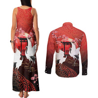 Hawaii and Japan Together Couples Matching Tank Maxi Dress and Long Sleeve Button Shirt Polynesian Art Tattoo With Cranes And Sakura - Polynesian Pride