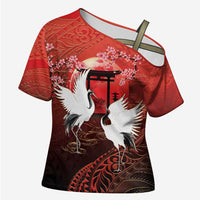Hawaii and Japan Together Cross Shoulder Shirt Polynesian Art Tattoo With Cranes And Sakura - Polynesian Pride