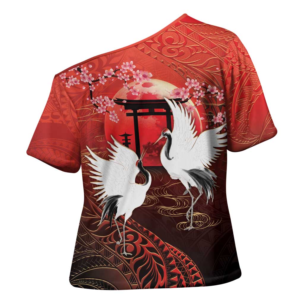 Hawaii and Japan Together Cross Shoulder Shirt Polynesian Art Tattoo With Cranes And Sakura - Polynesian Pride