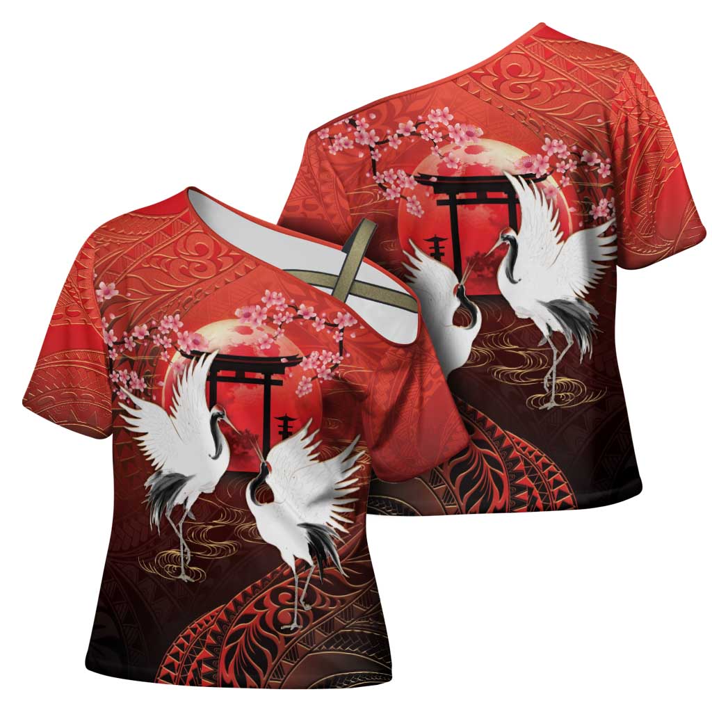 Hawaii and Japan Together Cross Shoulder Shirt Polynesian Art Tattoo With Cranes And Sakura - Polynesian Pride