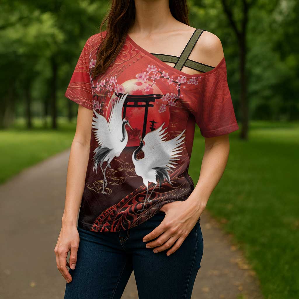 Hawaii and Japan Together Cross Shoulder Shirt Polynesian Art Tattoo With Cranes And Sakura - Polynesian Pride