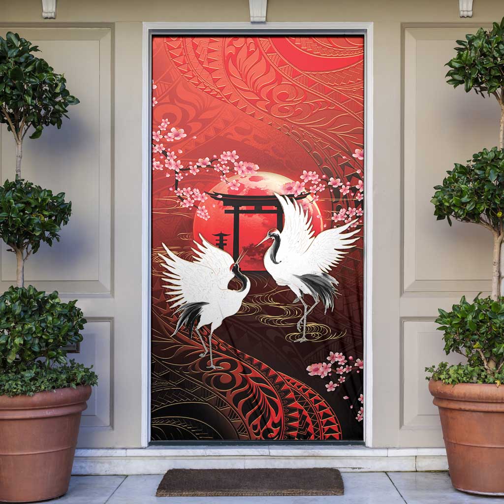 Hawaii and Japan Together Door Cover Polynesian Art Tattoo With Cranes And Sakura - Polynesian Pride