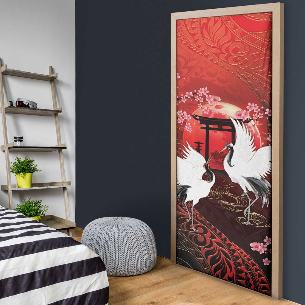 Hawaii and Japan Together Door Cover Polynesian Art Tattoo With Cranes And Sakura - Polynesian Pride