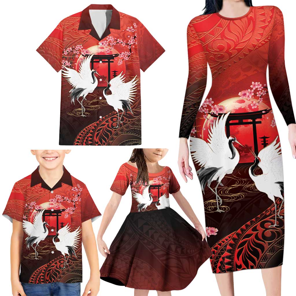Hawaii and Japan Together Family Matching Long Sleeve Bodycon Dress and Hawaiian Shirt Polynesian Art Tattoo With Cranes And Sakura LT05 - Polynesian Pride