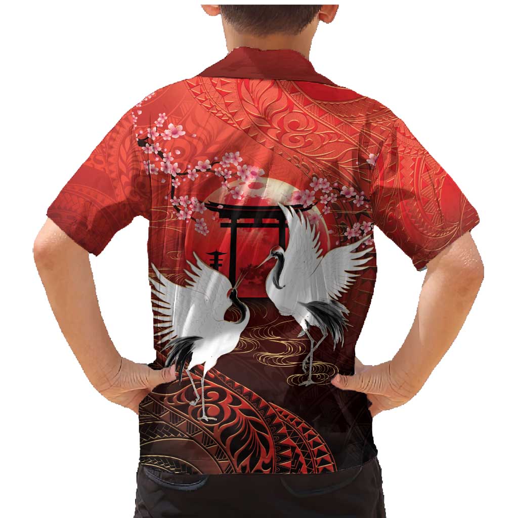 Hawaii and Japan Together Family Matching Mermaid Dress and Hawaiian Shirt Polynesian Art Tattoo With Cranes And Sakura - Polynesian Pride