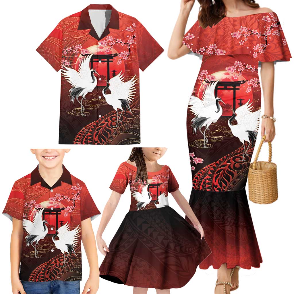 Hawaii and Japan Together Family Matching Mermaid Dress and Hawaiian Shirt Polynesian Art Tattoo With Cranes And Sakura LT05 - Polynesian Pride
