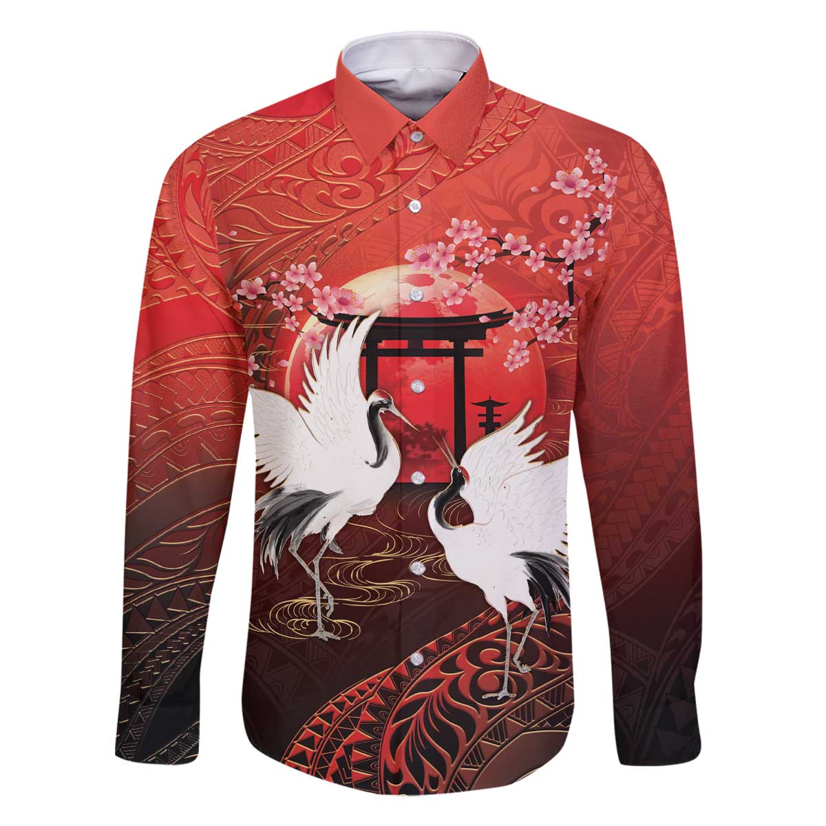 Hawaii and Japan Together Family Matching Off The Shoulder Long Sleeve Dress and Hawaiian Shirt Polynesian Art Tattoo With Cranes And Sakura - Polynesian Pride