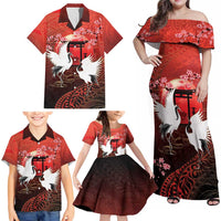 Hawaii and Japan Together Family Matching Off Shoulder Maxi Dress and Hawaiian Shirt Polynesian Art Tattoo With Cranes And Sakura - Polynesian Pride
