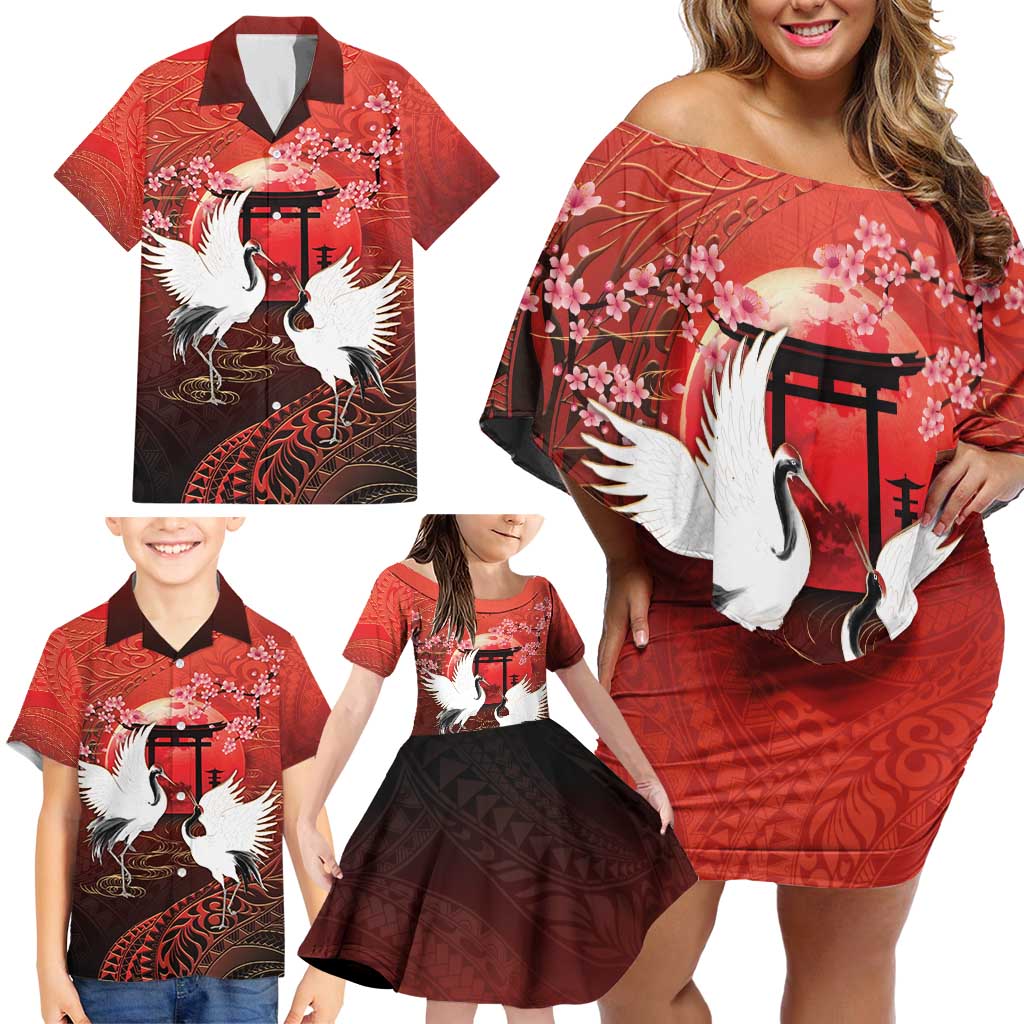 Hawaii and Japan Together Family Matching Off Shoulder Short Dress and Hawaiian Shirt Polynesian Art Tattoo With Cranes And Sakura - Polynesian Pride
