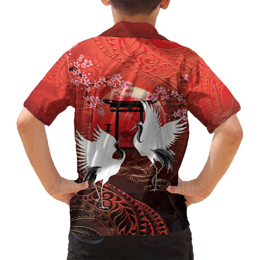 Hawaii and Japan Together Family Matching Puletasi and Hawaiian Shirt Polynesian Art Tattoo With Cranes And Sakura - Polynesian Pride
