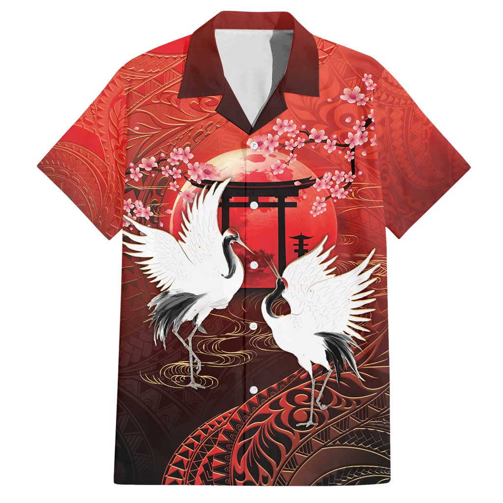 Hawaii and Japan Together Family Matching Puletasi and Hawaiian Shirt Polynesian Art Tattoo With Cranes And Sakura - Polynesian Pride