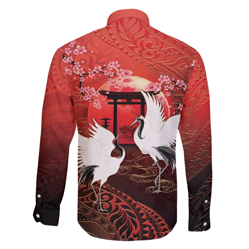 Hawaii and Japan Together Family Matching Puletasi and Hawaiian Shirt Polynesian Art Tattoo With Cranes And Sakura - Polynesian Pride