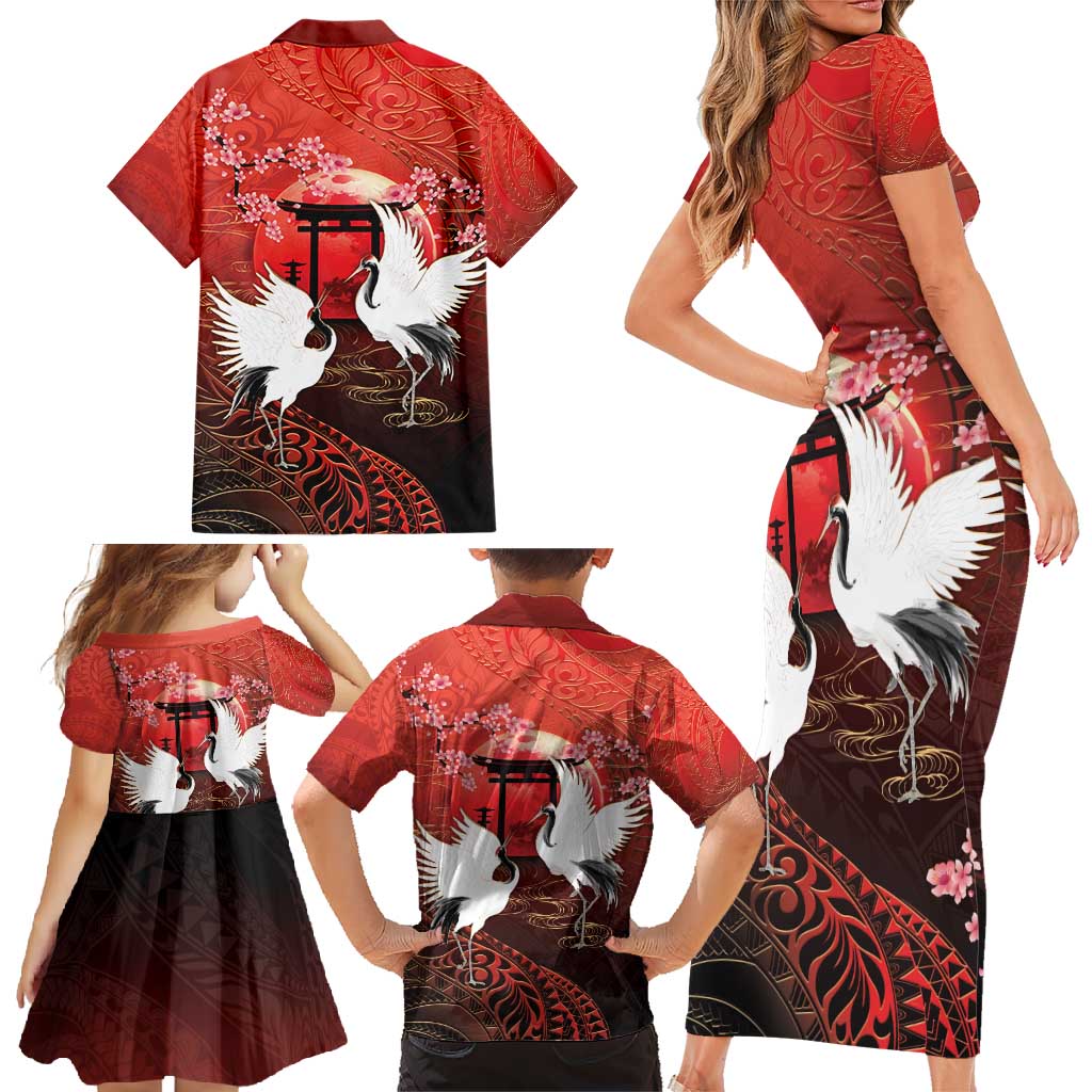 Hawaii and Japan Together Family Matching Short Sleeve Bodycon Dress and Hawaiian Shirt Polynesian Art Tattoo With Cranes And Sakura - Polynesian Pride