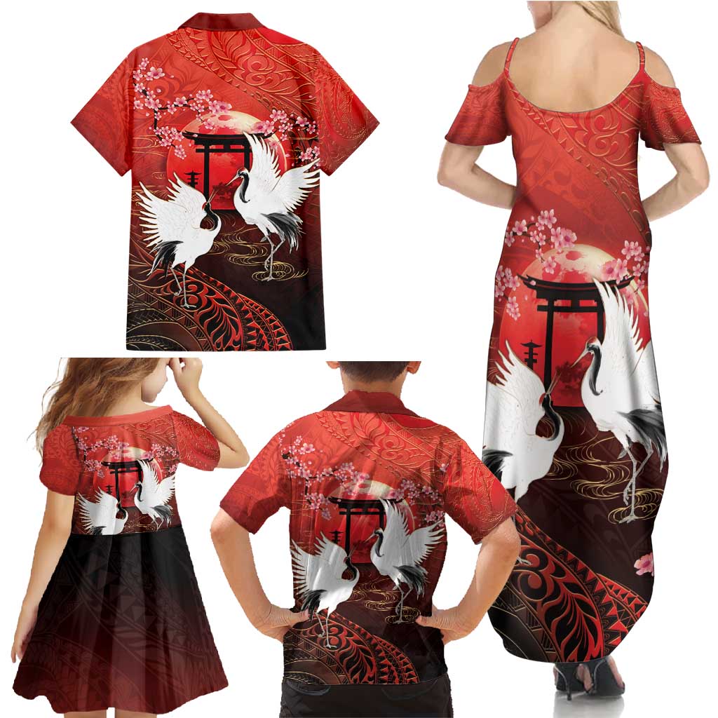 Hawaii and Japan Together Family Matching Summer Maxi Dress and Hawaiian Shirt Polynesian Art Tattoo With Cranes And Sakura - Polynesian Pride