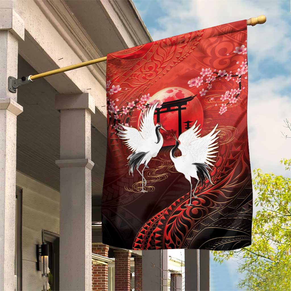 Hawaii and Japan Together Garden Flag Polynesian Art Tattoo With Cranes And Sakura LT05 House Flag Red - Polynesian Pride