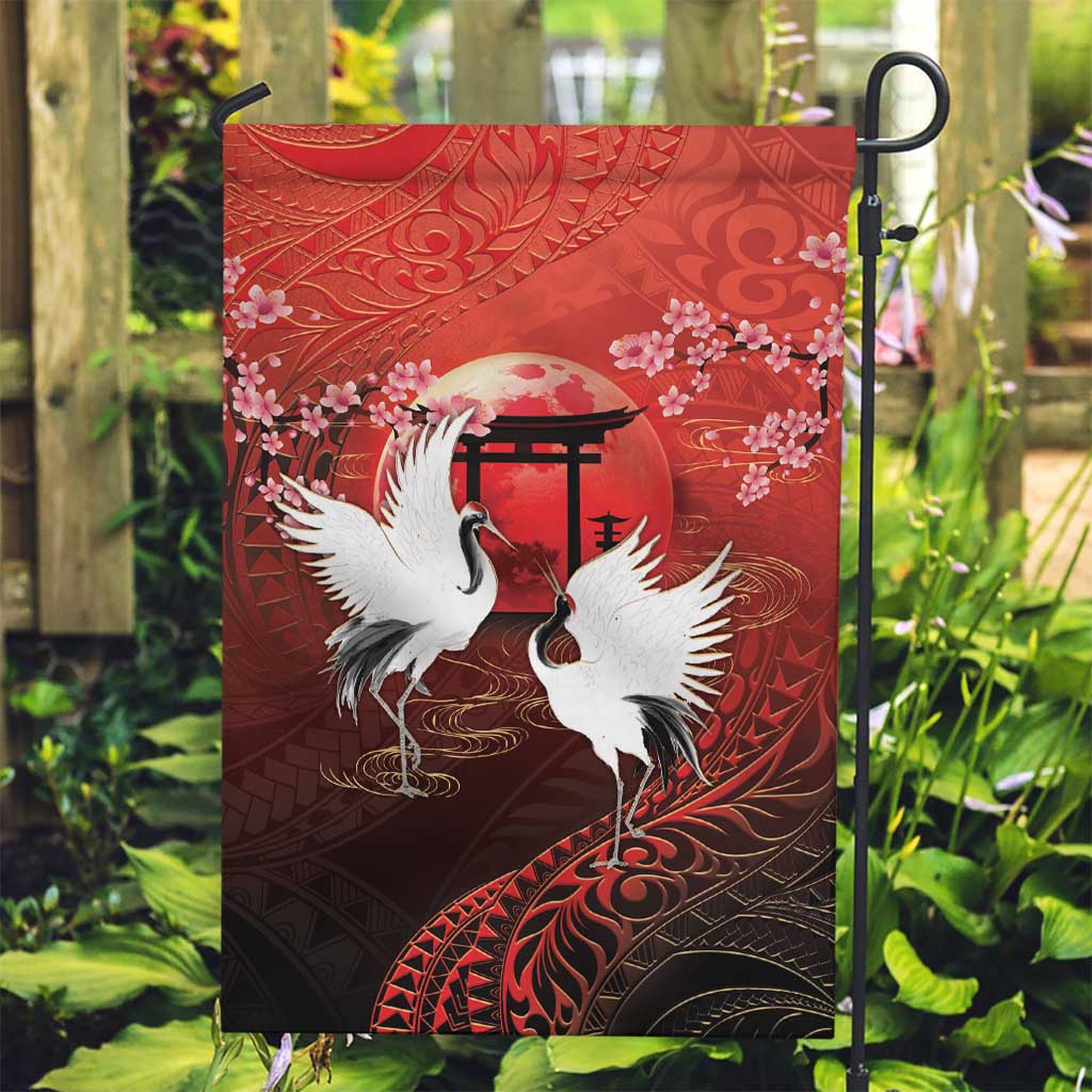 Hawaii and Japan Together Garden Flag Polynesian Art Tattoo With Cranes And Sakura - Polynesian Pride
