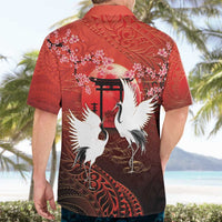 Hawaii and Japan Together Hawaiian Shirt Polynesian Art Tattoo With Cranes And Sakura - Polynesian Pride