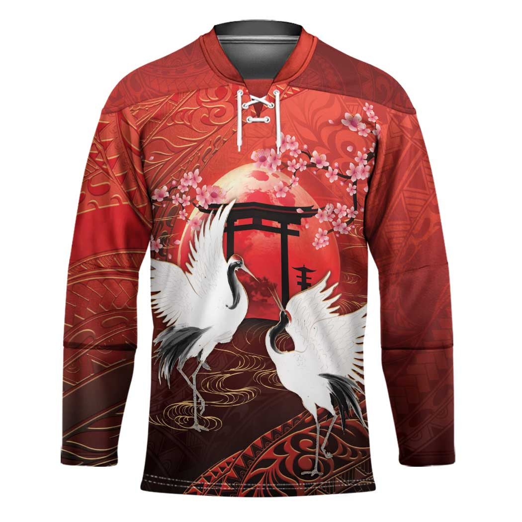 Hawaii and Japan Together Hockey Jersey Polynesian Art Tattoo With Cranes And Sakura LT05 Unisex Red - Polynesian Pride