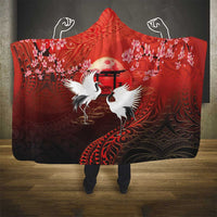 Hawaii and Japan Together Hooded Blanket Polynesian Art Tattoo With Cranes And Sakura - Polynesian Pride