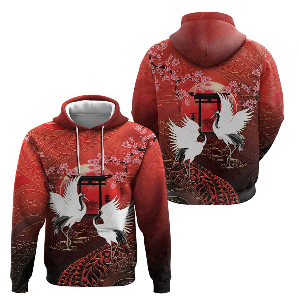 Hawaii and Japan Together Hoodie Polynesian Art Tattoo With Cranes And Sakura LT05 - Polynesian Pride