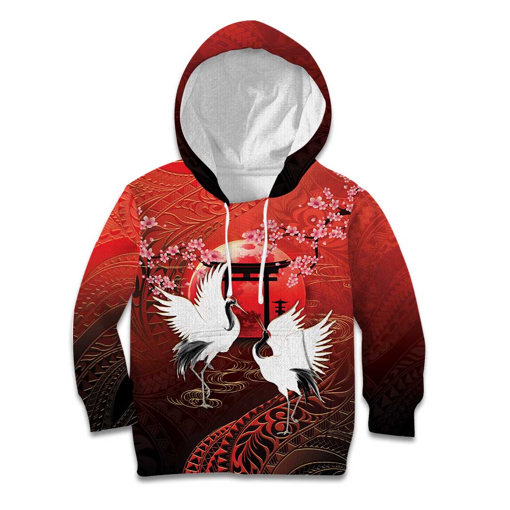 Hawaii and Japan Together Kid Hoodie Polynesian Art Tattoo With Cranes And Sakura - Polynesian Pride