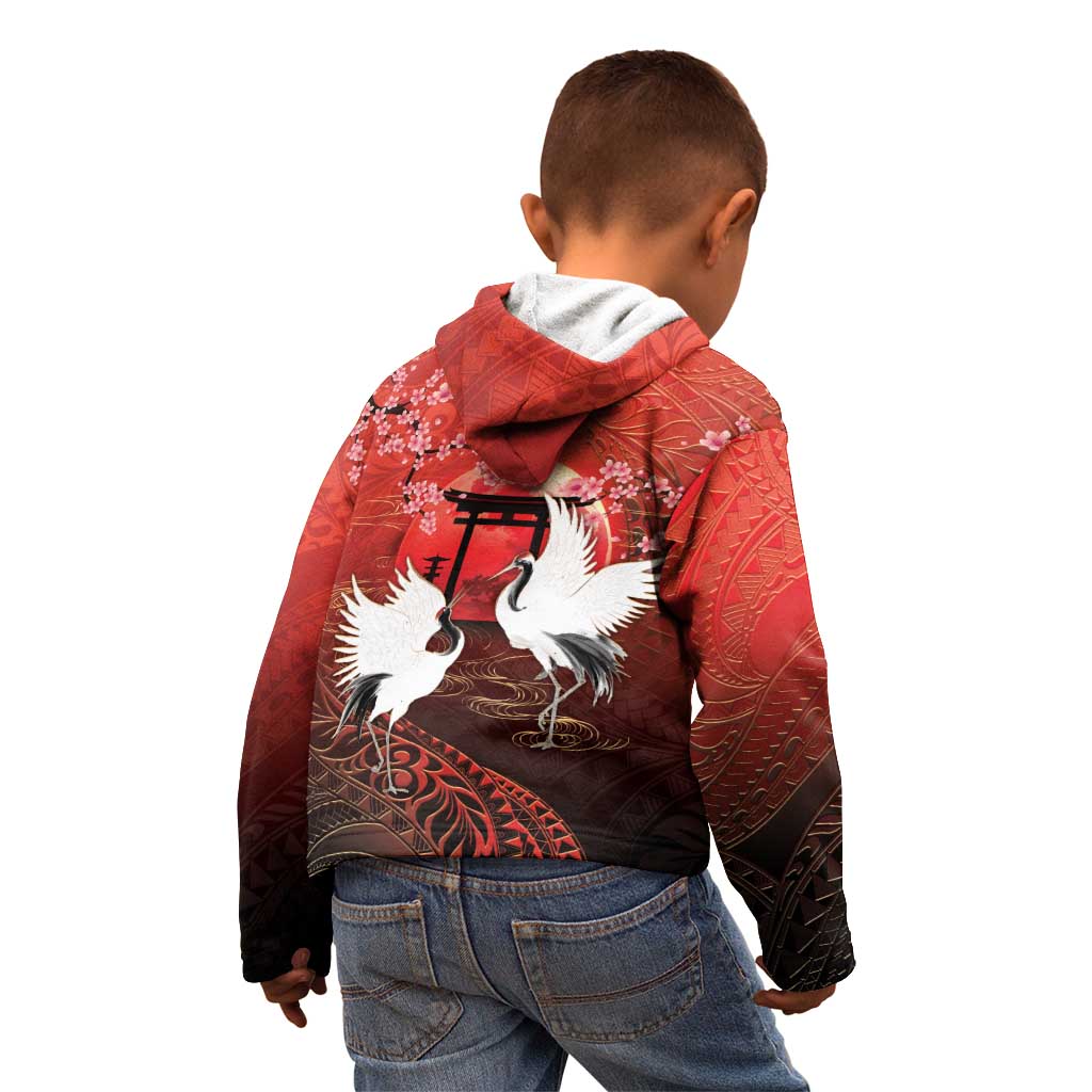 Hawaii and Japan Together Kid Hoodie Polynesian Art Tattoo With Cranes And Sakura LT05 - Polynesian Pride