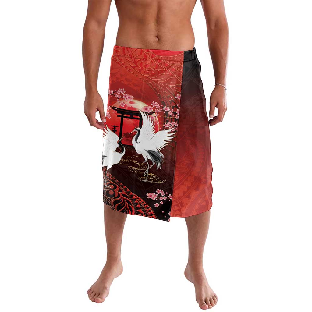 Hawaii and Japan Together Lavalava Polynesian Art Tattoo With Cranes And Sakura LT05 Red - Polynesian Pride