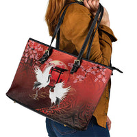 Hawaii and Japan Together Leather Tote Bag Polynesian Art Tattoo With Cranes And Sakura - Polynesian Pride
